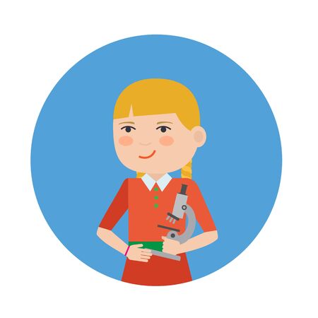 Female character, portrait of smiling girl holding microscopeのイラスト素材