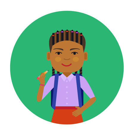 Female character, portrait of smiling African American schoolgirl holding pencilのイラスト素材