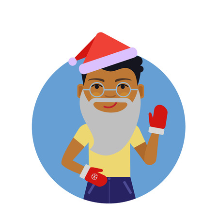 Male character, portrait of African American boy wearing Santa hat and mittensのイラスト素材