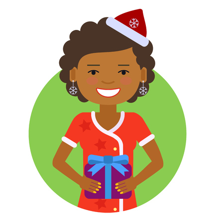 Female character, portrait of smiling woman wearing Santa costume, holding gift boxのイラスト素材