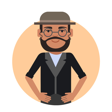 Male character, portrait of smiling Jewish man wearing glasses and hatのイラスト素材