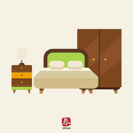 Icon of bedroom interior including double bed, wardrobe and bed cabinet with lampのイラスト素材