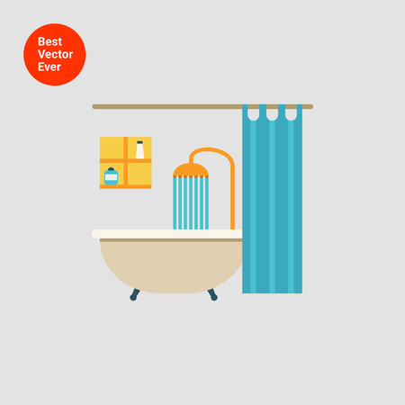 Icon of bathroom interior including bathtub, shower, shower curtain and shelvesのイラスト素材