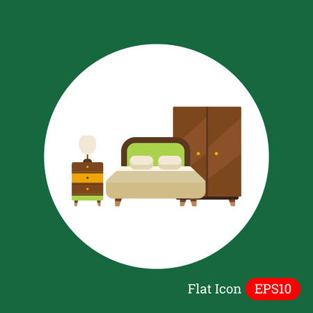 Icon of bedroom interior including double bed, wardrobe and bed cabinet with lampのイラスト素材