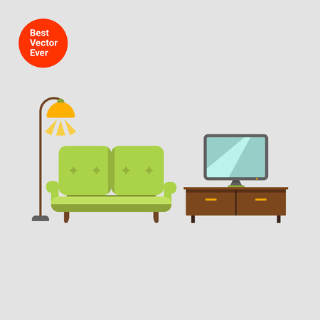 Icon of living room interior including couch, TV stand, TV-set and glowing floor lampのイラスト素材