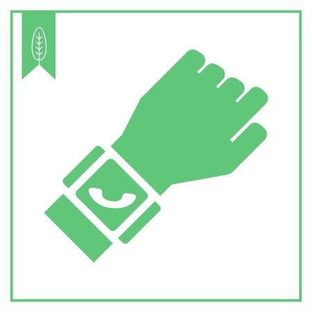 Icon of human hand wearing smartwatch with screen displaying handset iconのイラスト素材