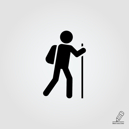 Icon of man silhouette carrying backpack and walking with stickのイラスト素材