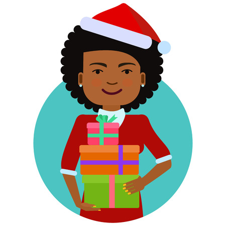 Female character, portrait of smiling African American woman wearing Santa costume, holding gift boxesのイラスト素材