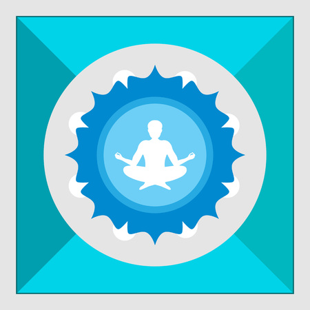 Icon of meditating man's silhouette sitting in lotus pose on background with floral elementsのイラスト素材