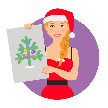 Female character, portrait of smiling woman wearing Santa costume, holding picture with Christmas treeのイラスト素材