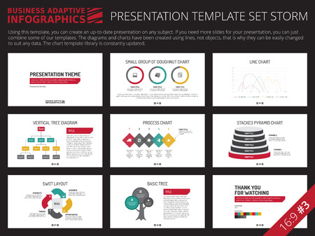 Set of editable multicolored infographic presentation template with graphs and charts on white backgroundのイラスト素材
