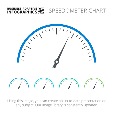 Editable infographic template of speedometer chart, blue and green version