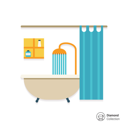 Icon of bathroom interior including bathtub, shower, shower curtain and shelvesのイラスト素材