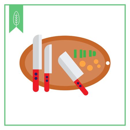 Vector icon of knives on oval cutting board with some chopped vegetables on itのイラスト素材