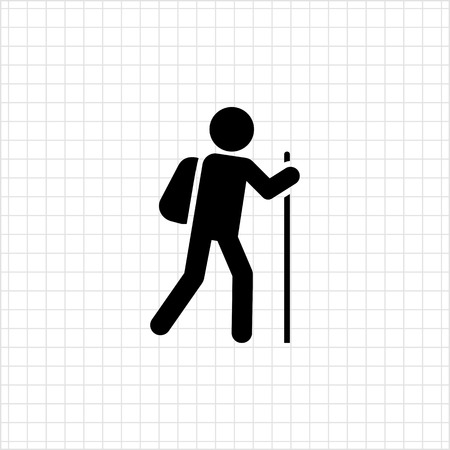 Icon of man silhouette carrying backpack and walking with stickのイラスト素材