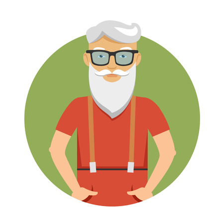 Male character, portrait of senior man with beard, wearing glasses, standing with hands in pocketsのイラスト素材