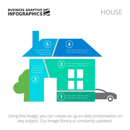 Editable infographic template of house diagram divided into five segments with car and tree silhouettes, blue and green versionのイラスト素材