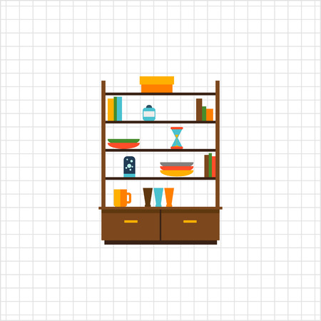 Multicolored vector icon of cupboard with books and tablewareのイラスト素材
