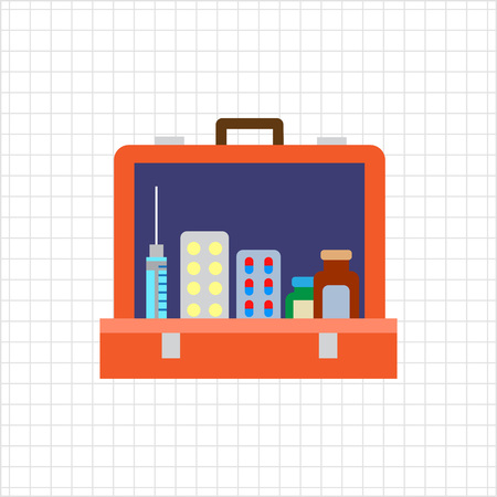 Multicolored vector icon of open first aid kit with pill bottles, capsules, syringeのイラスト素材