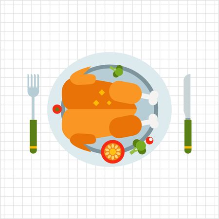 Vector icon of roasted chicken served on plate with knife and forkのイラスト素材