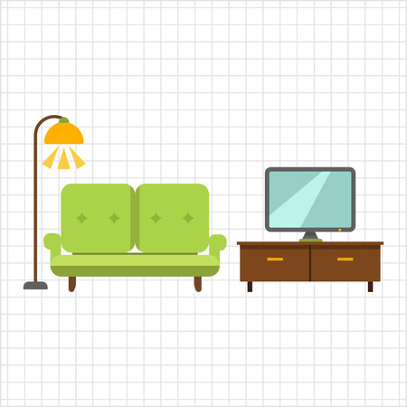 Icon of living room interior including couch, TV stand, TV-set and glowing floor lampのイラスト素材