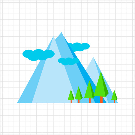 Icon of mountain landscape with mountains, trees and cloudsのイラスト素材