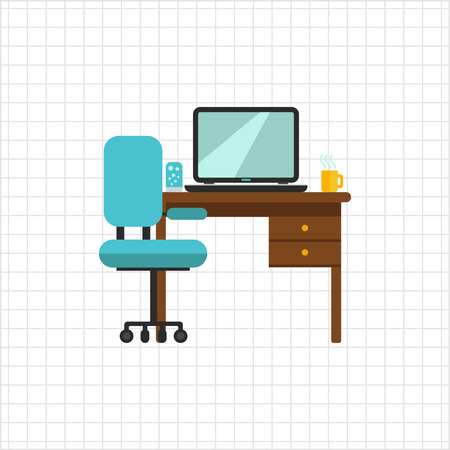 Icon of study interior including chair, desk with laptop, lamp and hot drink cupのイラスト素材