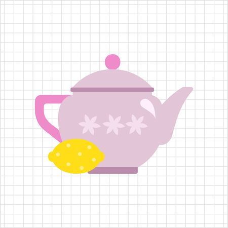 Vector icon of pink teapot with flower ornament and lemonのイラスト素材