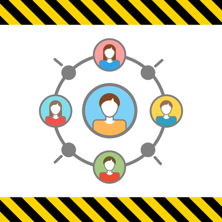 Icon of set of male and female character portraits in circle and one in center, depicting interaction in social networkのイラスト素材