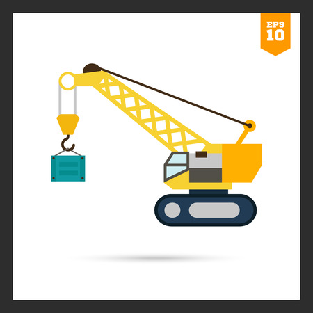 Multicolored vector icon of yellow hoisting crane lifting containerのイラスト素材