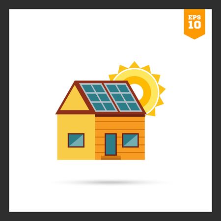 icon of cottage house with solar panels on roof and sunのイラスト素材