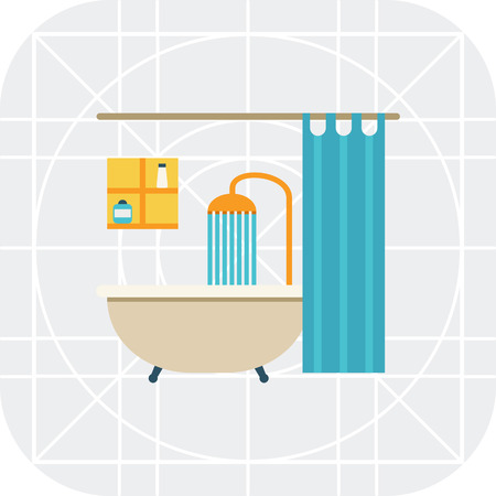 Icon of bathroom interior including bathtub, shower, shower curtain and shelvesのイラスト素材