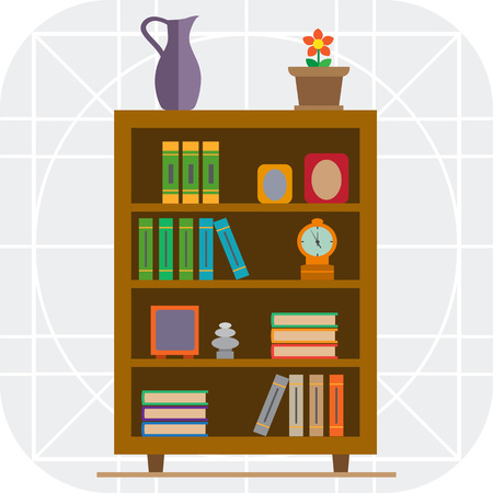 Vector icon of book shelves decorated with potted flower, clock and photo framesのイラスト素材