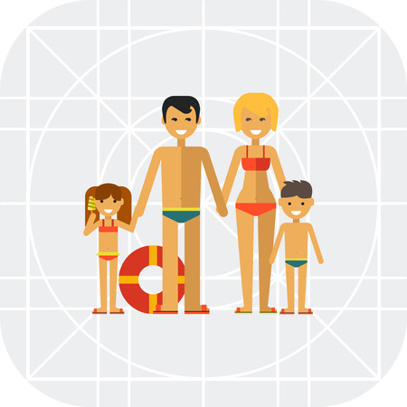 Multicolored vector icon of family consisting of man, woman and two children on beachのイラスト素材