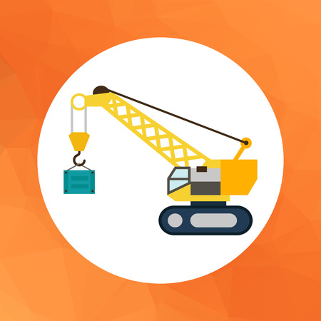 Multicolored vector icon of yellow hoisting crane lifting containerのイラスト素材