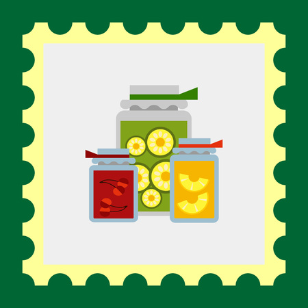 Multicolored vector icon of jam jars with label and paper coversのイラスト素材