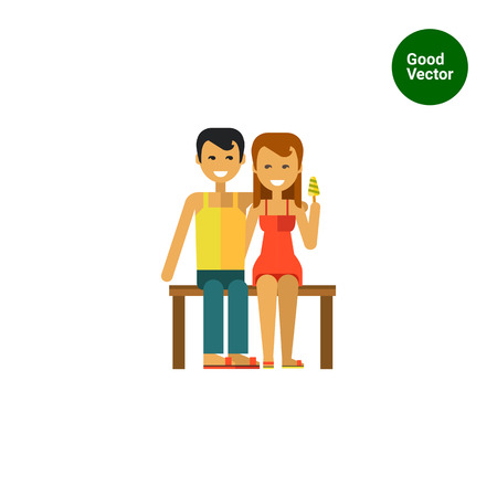 Multicolored vector icon of young couple sitting on bench and huggingのイラスト素材