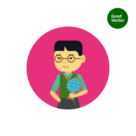 Male character, portrait of smiling Asian schoolboy holding globeのイラスト素材