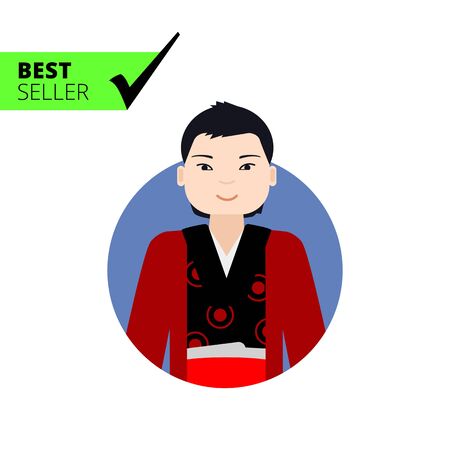 Male character, portrait of smiling Asian man wearing traditional costumeのイラスト素材
