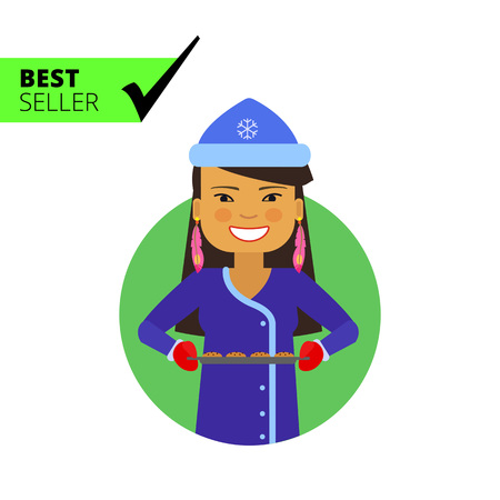 Female character, portrait of Asian woman in Santa costume and holding baking tray with cookiesのイラスト素材