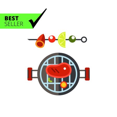 Multicolored vector icon of barbeque and shish kebab on skewerのイラスト素材