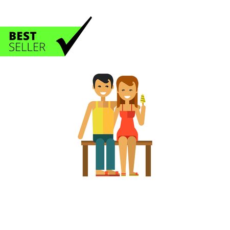 Multicolored vector icon of young couple sitting on bench and huggingのイラスト素材