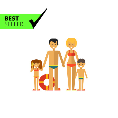 Multicolored vector icon of family consisting of man, woman and two children on beachのイラスト素材