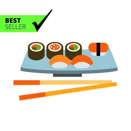 Multicolored vector icon of sushi set served on special plate with chopsticksのイラスト素材