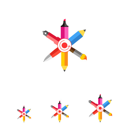 Icon of crossed ink pen, ball pen, pencil, paint brush, highlighter with dot and arrow circle in centerのイラスト素材