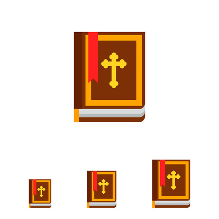 Icon of brown Holy Bible book with Christian cross on cover and red bookmarkのイラスト素材