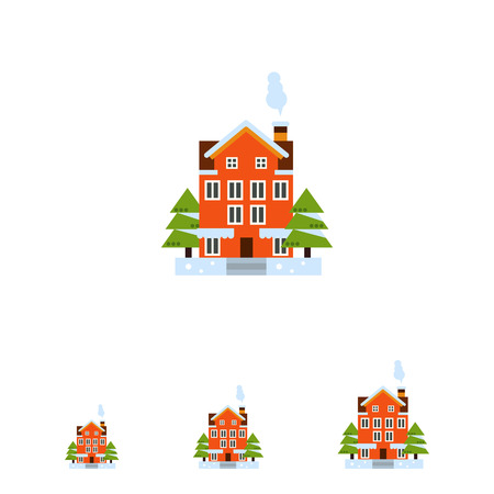 Multicolored vector icon of red four-story house and two fir treesのイラスト素材