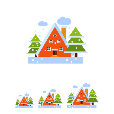 Multicolored vector icon of red tree-story house and two fir trees in winterのイラスト素材