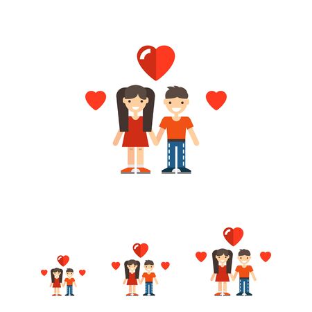 Multicolored vector icon of cartoon teenage girl and boy with heart picturesのイラスト素材