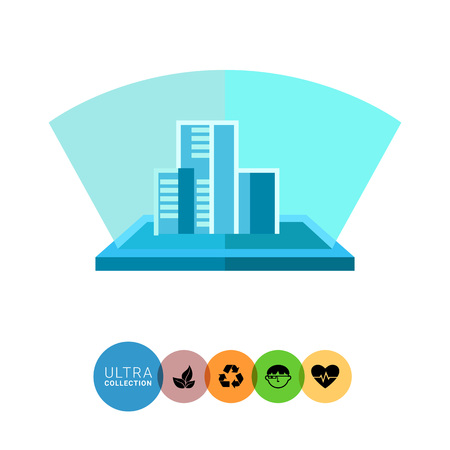 Multicolored flat icon of blue hologram, three-dimensional model of buildingsのイラスト素材